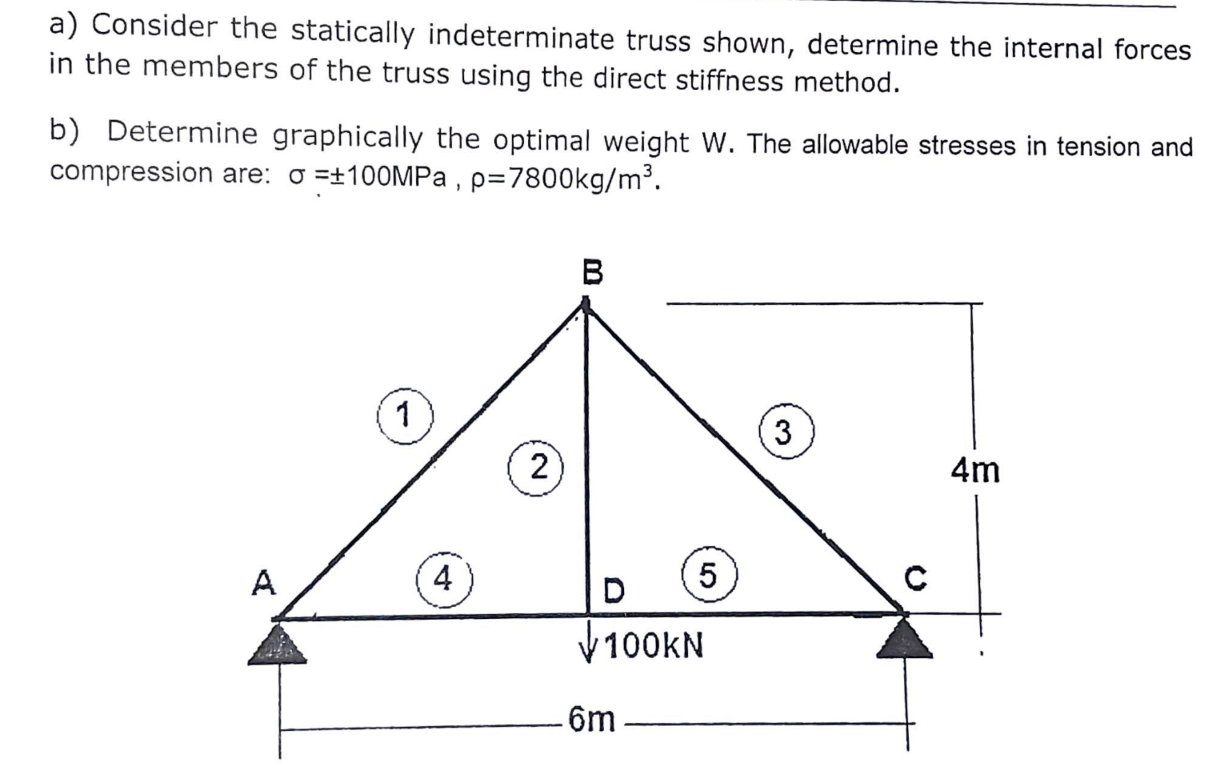 a ) Consider the statically indeterminate truss