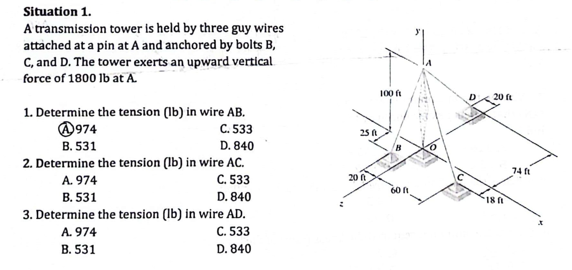 Situation 1 . A transmission tower is held by