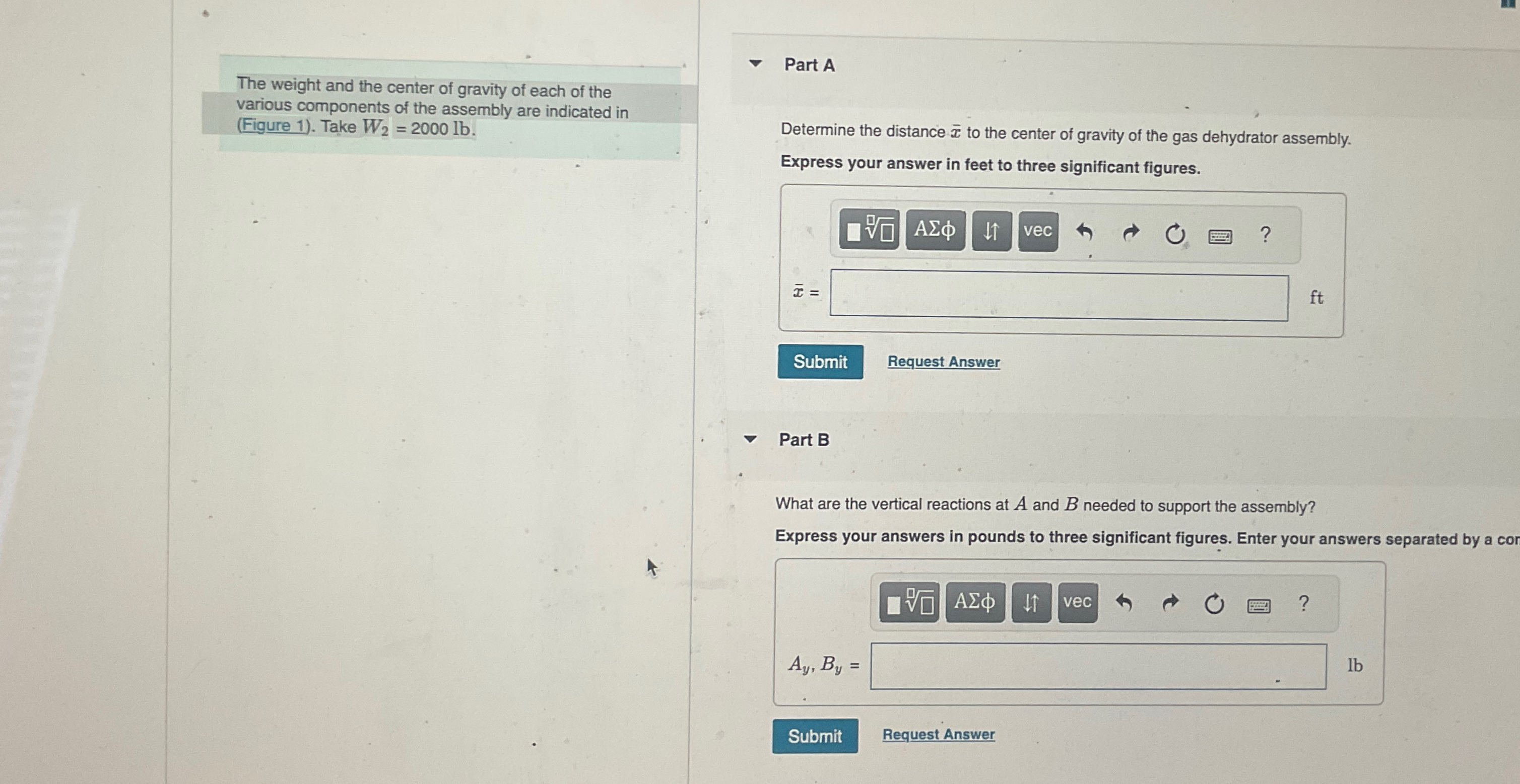 The weight and the center of gravity of each of