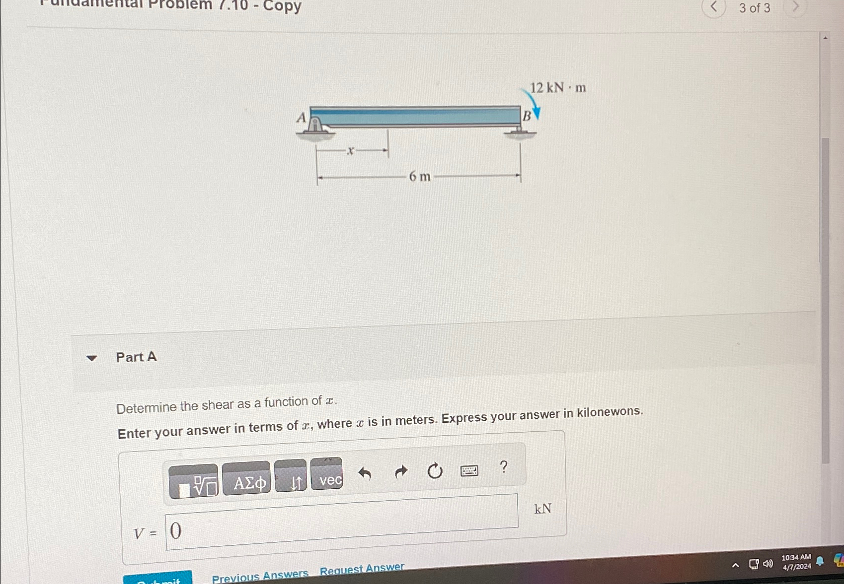 Part A Determine the shear as a function of x .