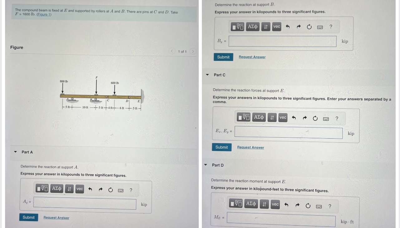 The compound beam is fixed at E and supported by