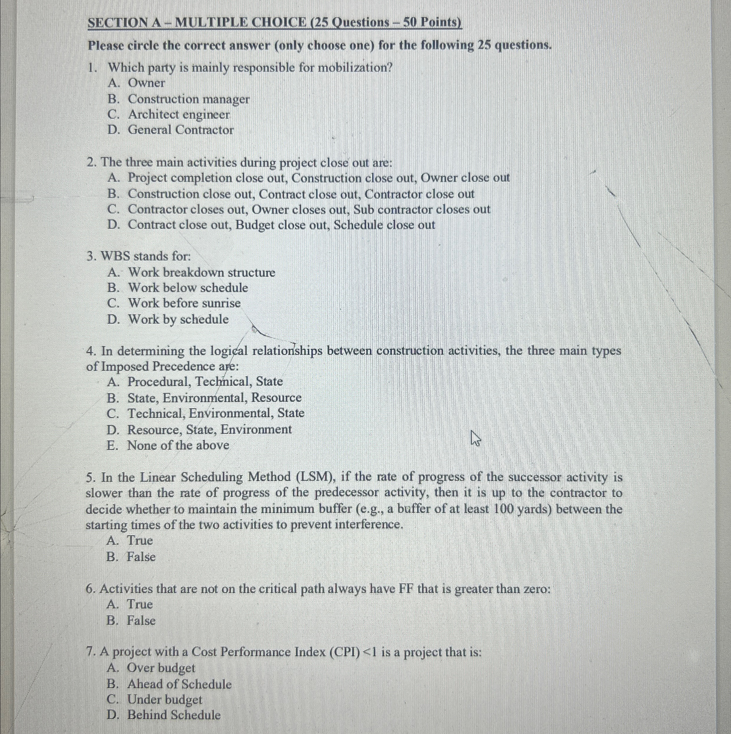 SECTION A - MULTIPLE CHOICE ( 2 5 Questions - 5 0