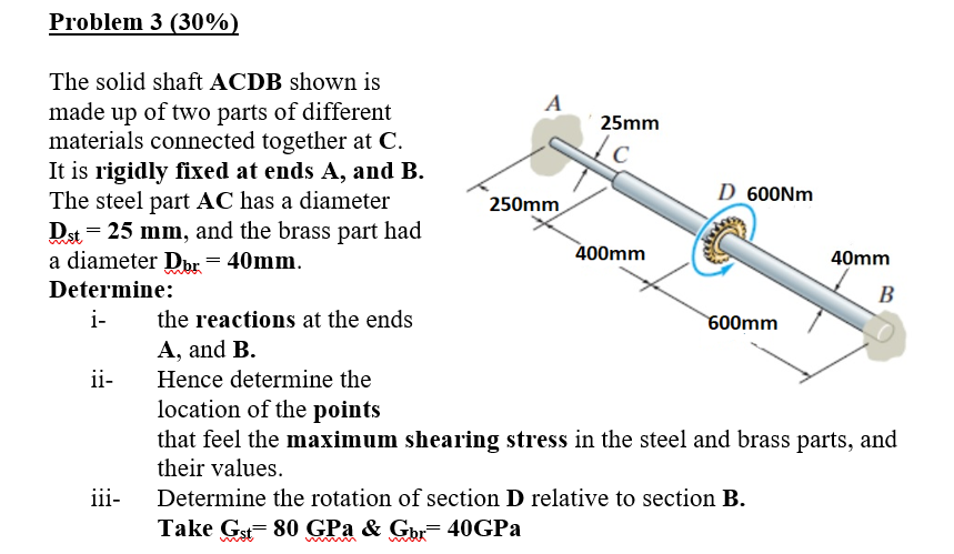 Problem 3 ( 3 0 % ) The solid shaft ACDB shown is