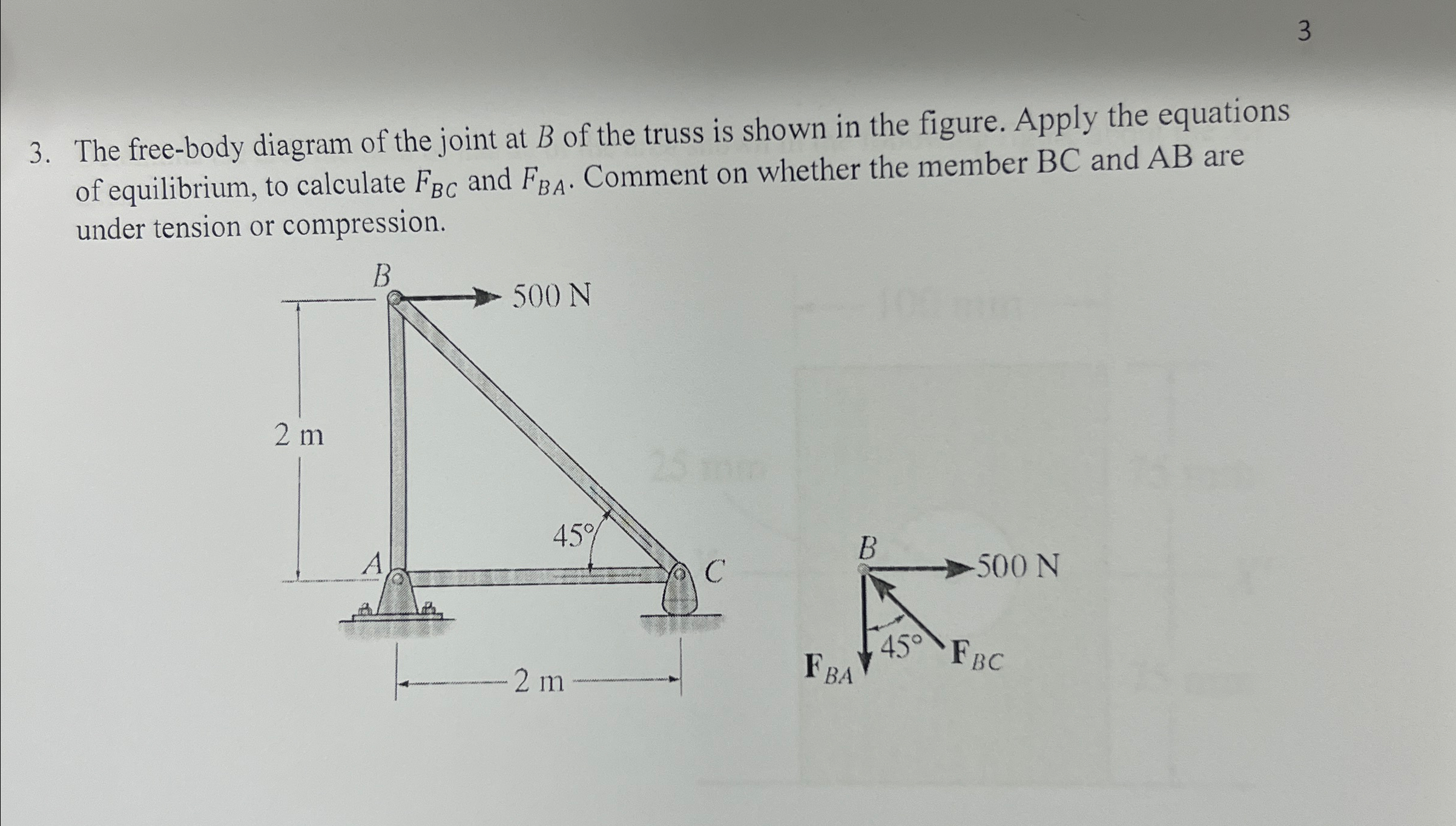 The free - body diagram of the joint at B of the