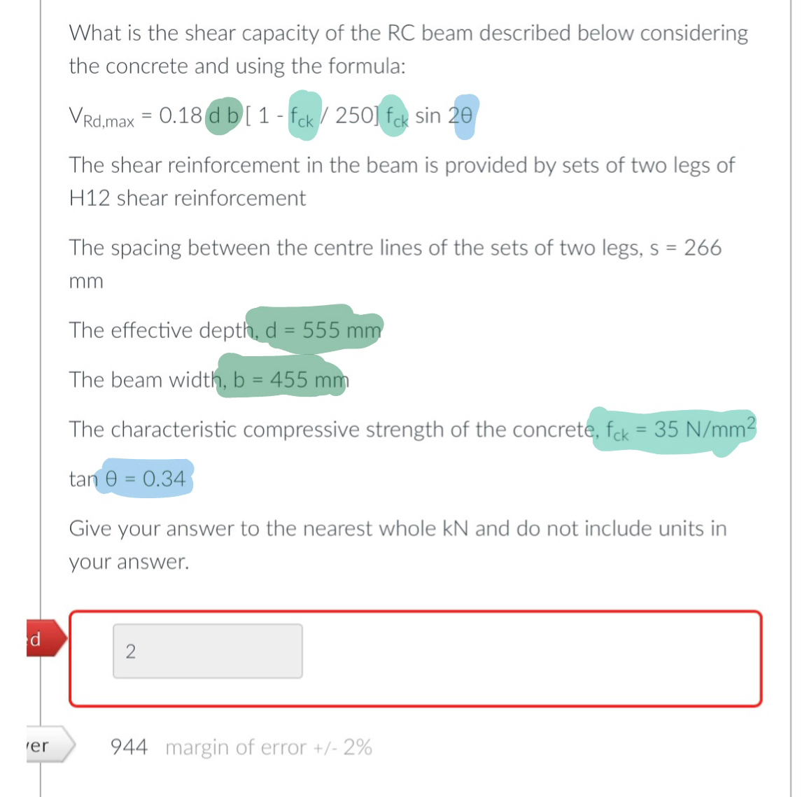 What is the shear capacity of the RC beam