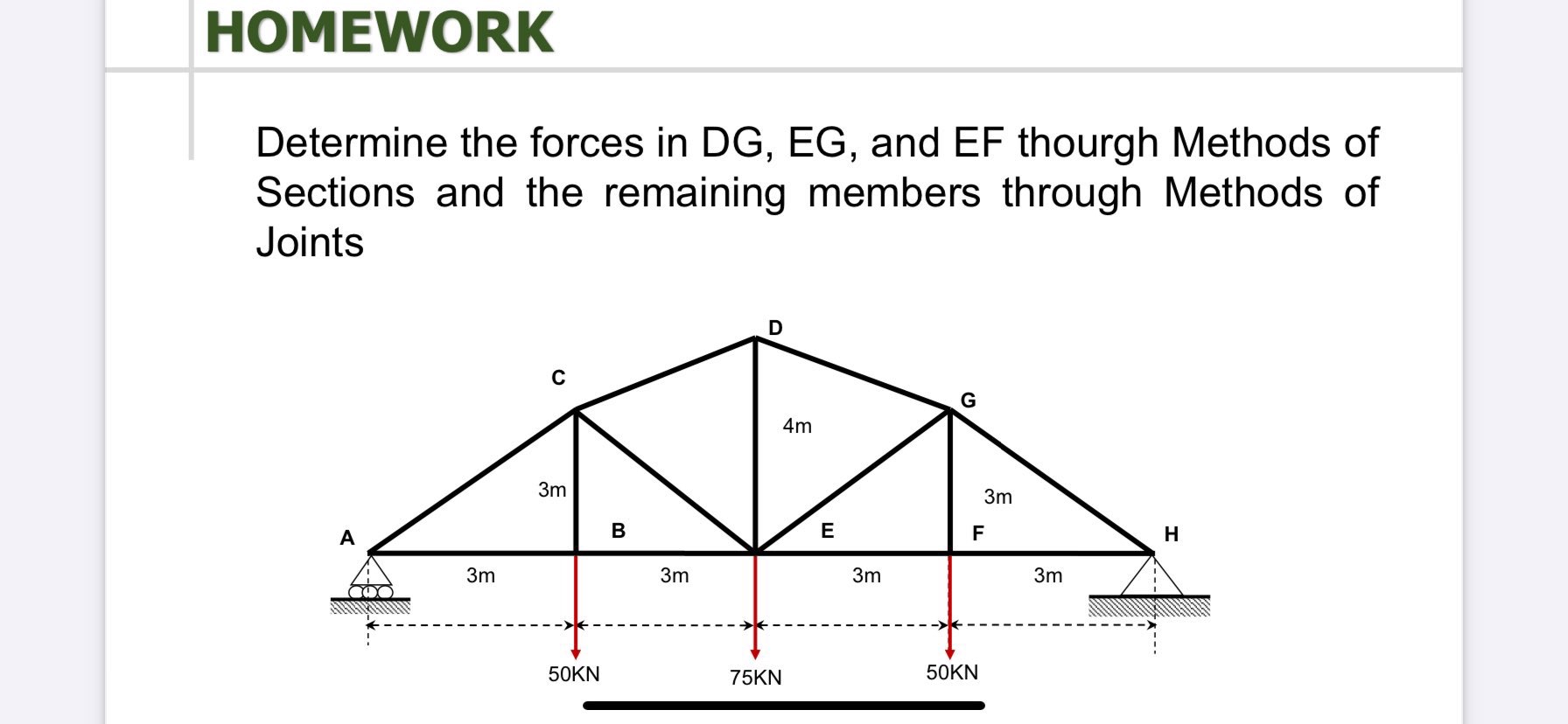 Determine the forces in DG , EG , and EF though