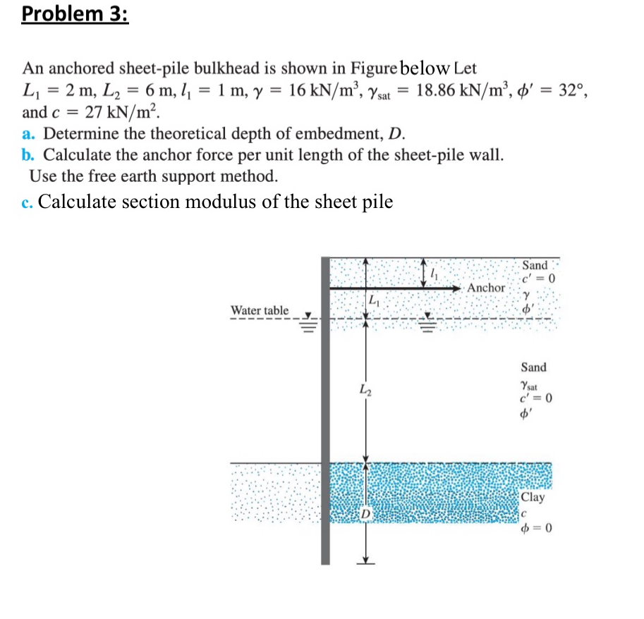 Problem 3 : An anchored sheet - pile bulkhead is