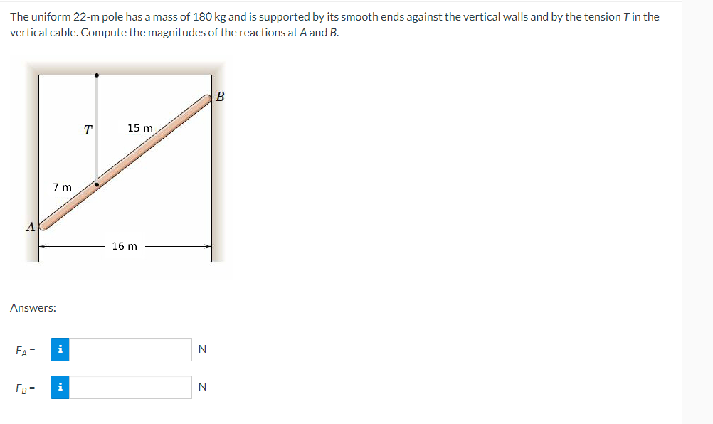 The uniform 2 2 - m pole has a mass of 1 8 0 kg