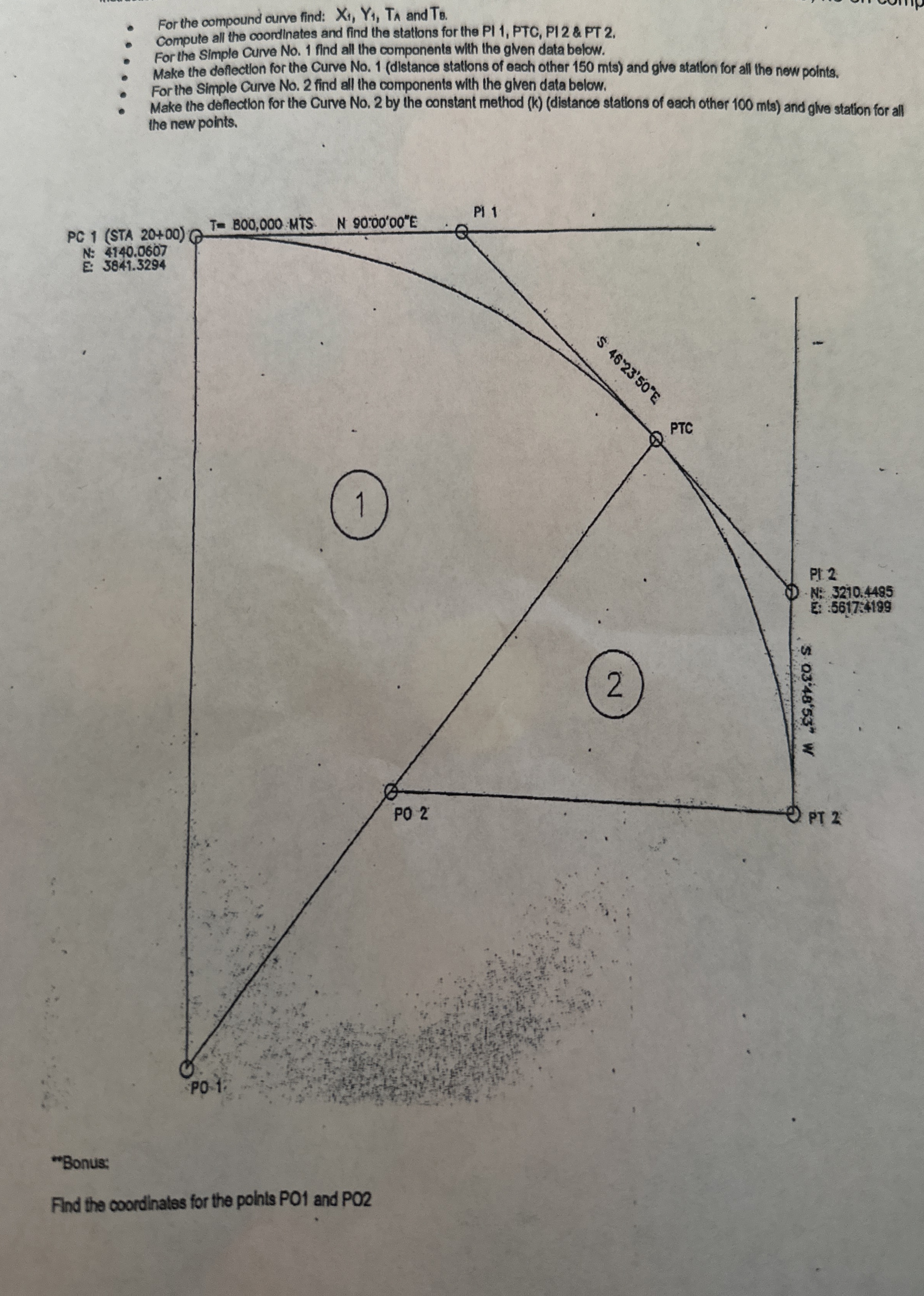 For the compound curve find: x 1 , Y 1 , T A and