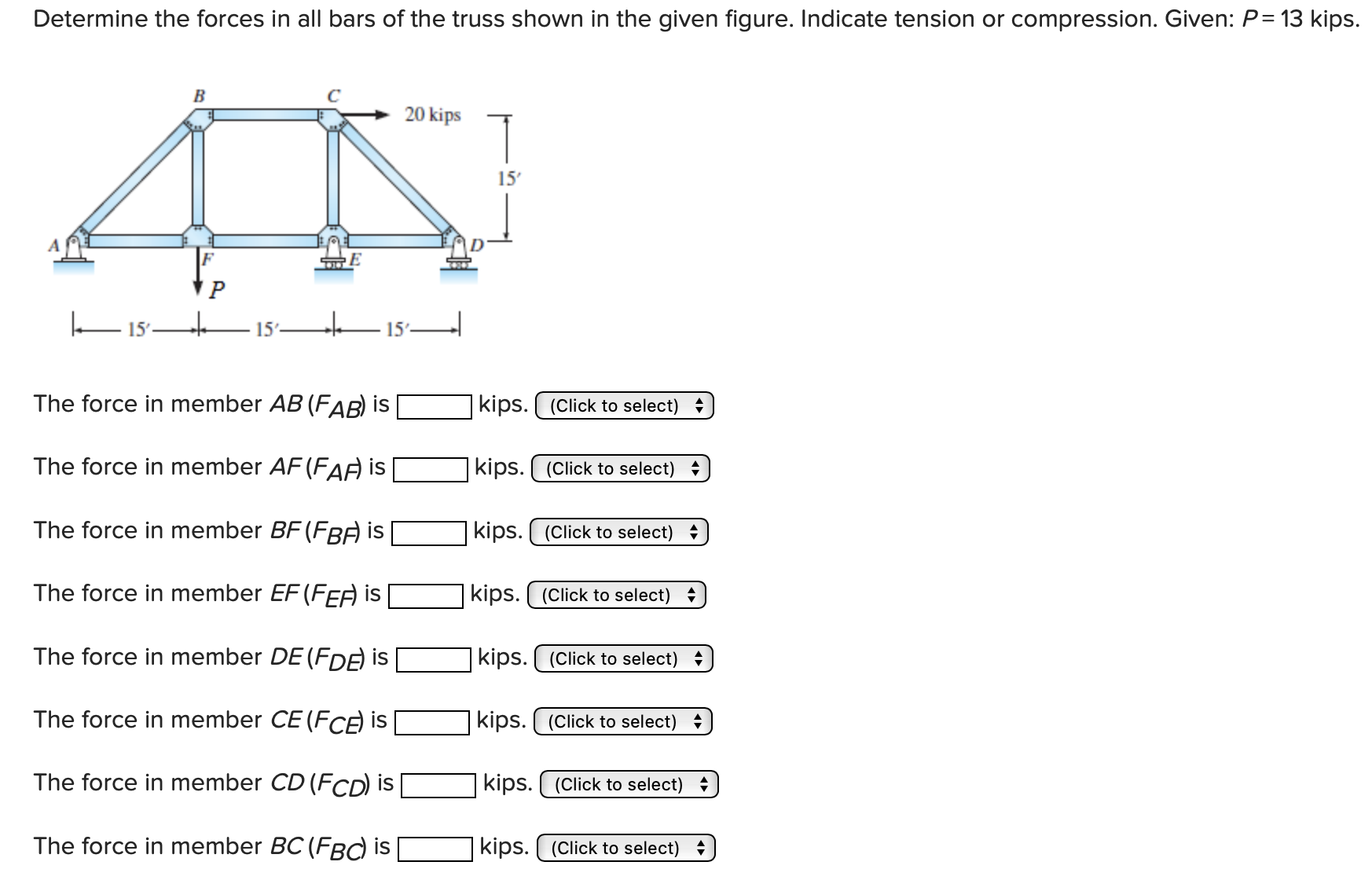 Determine the forces in all bars of the truss