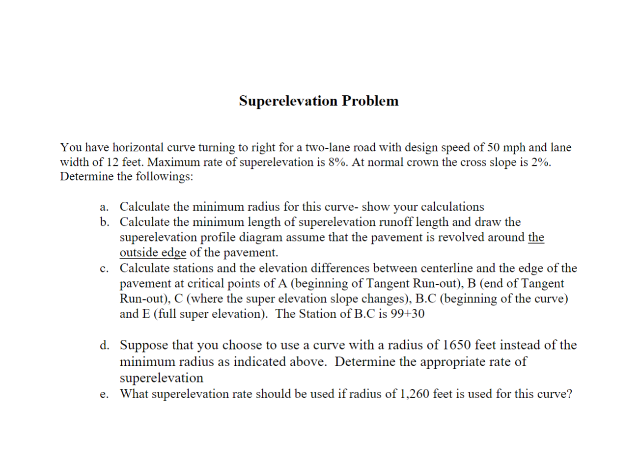 Superelevation Problem You have horizontal curve