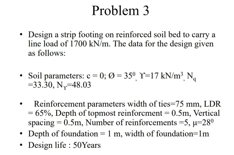 Problem 3 Design a strip footing on reinforced