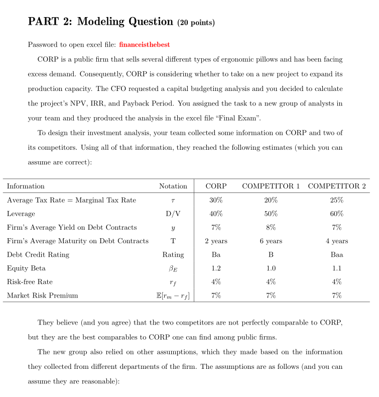 PART 2: Modeling Question (20 points) Password to