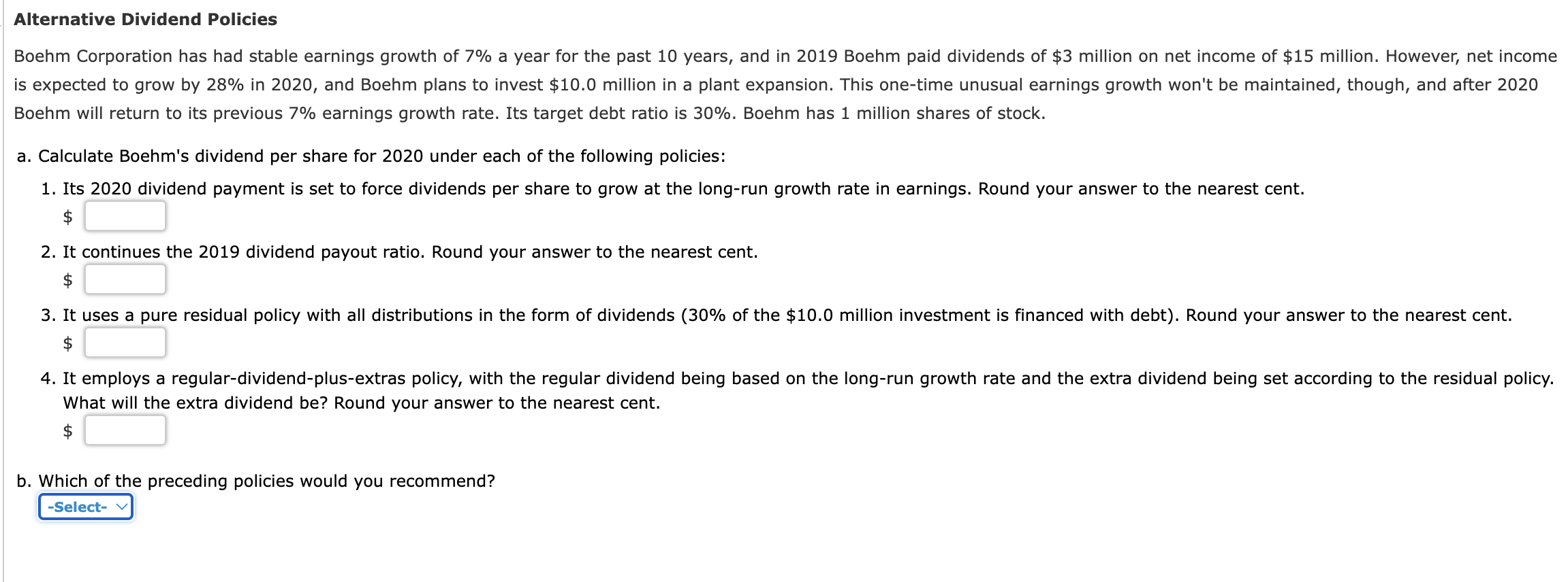 Alternative Dividend Policies Boehm Corporation