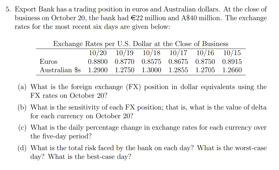 5. Export Bank has a trading position in euros
