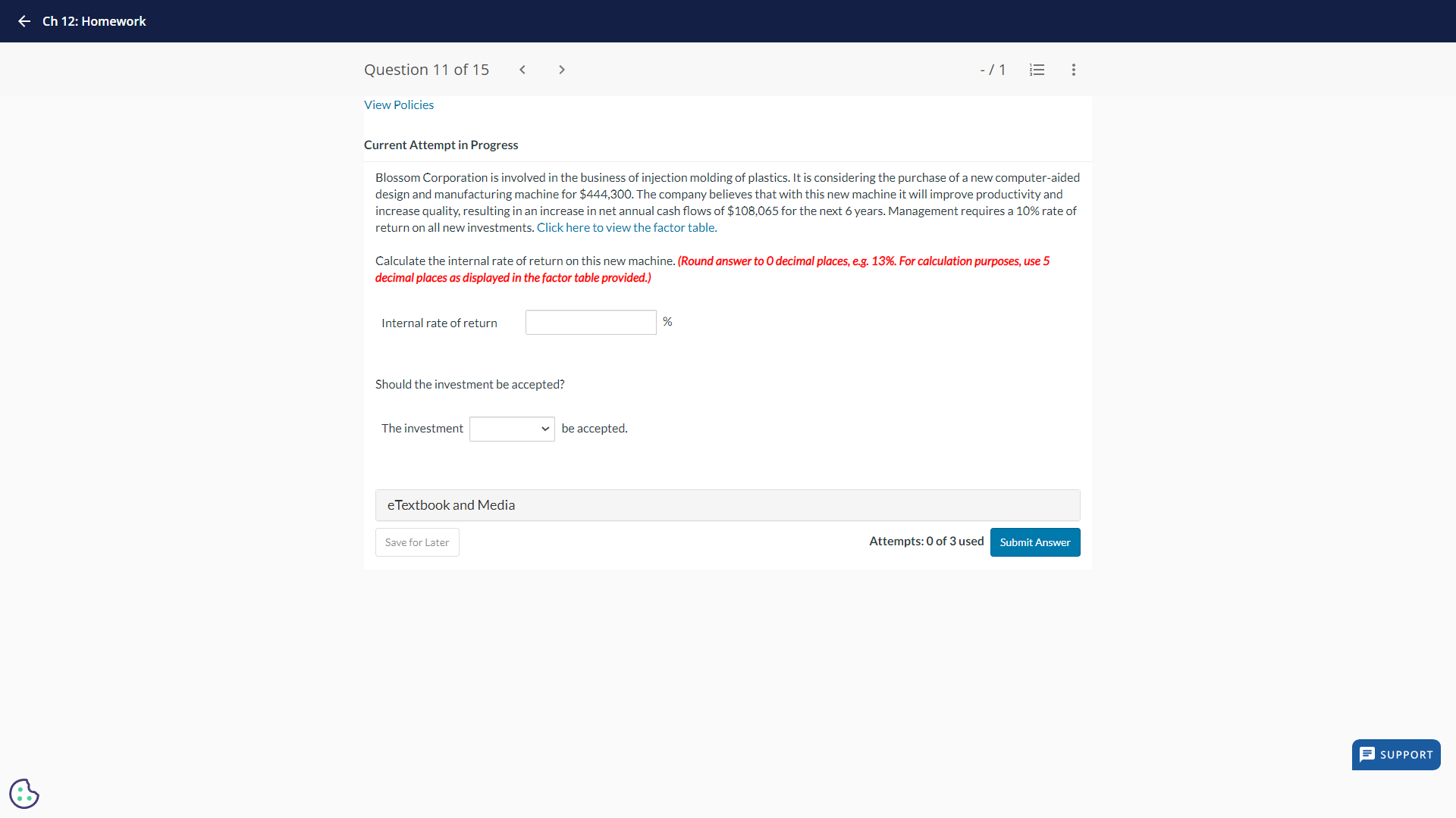 < Ch12: Homework Question 10 of 15 < > -/ = g