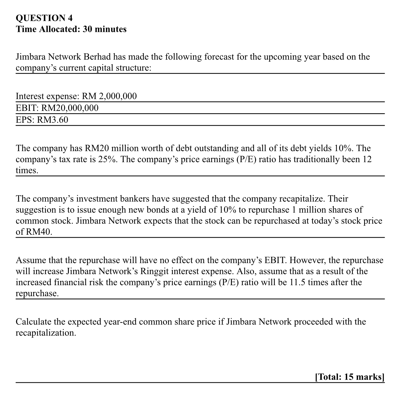 Please answer asap QUESTION 4 Time Allocated: 30