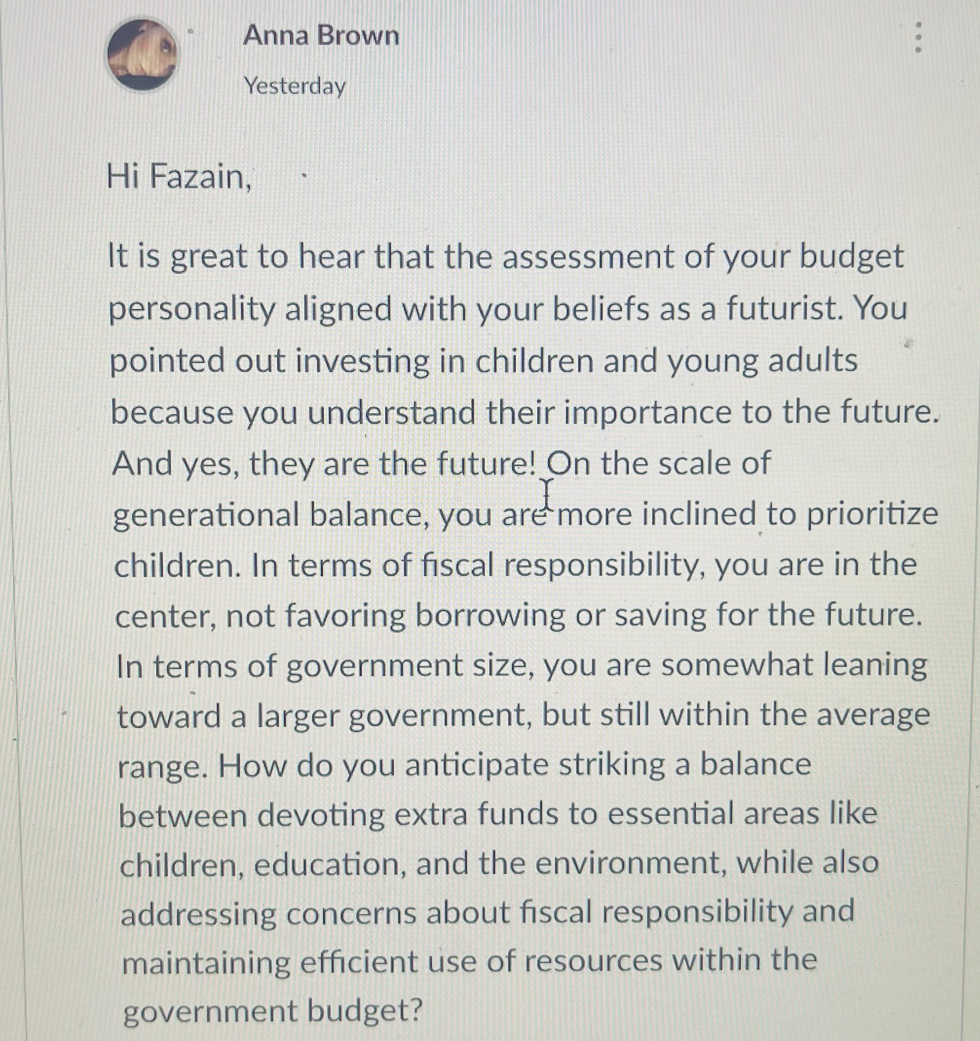 Response to this Anna Brown Yesterday Hi Fazain,