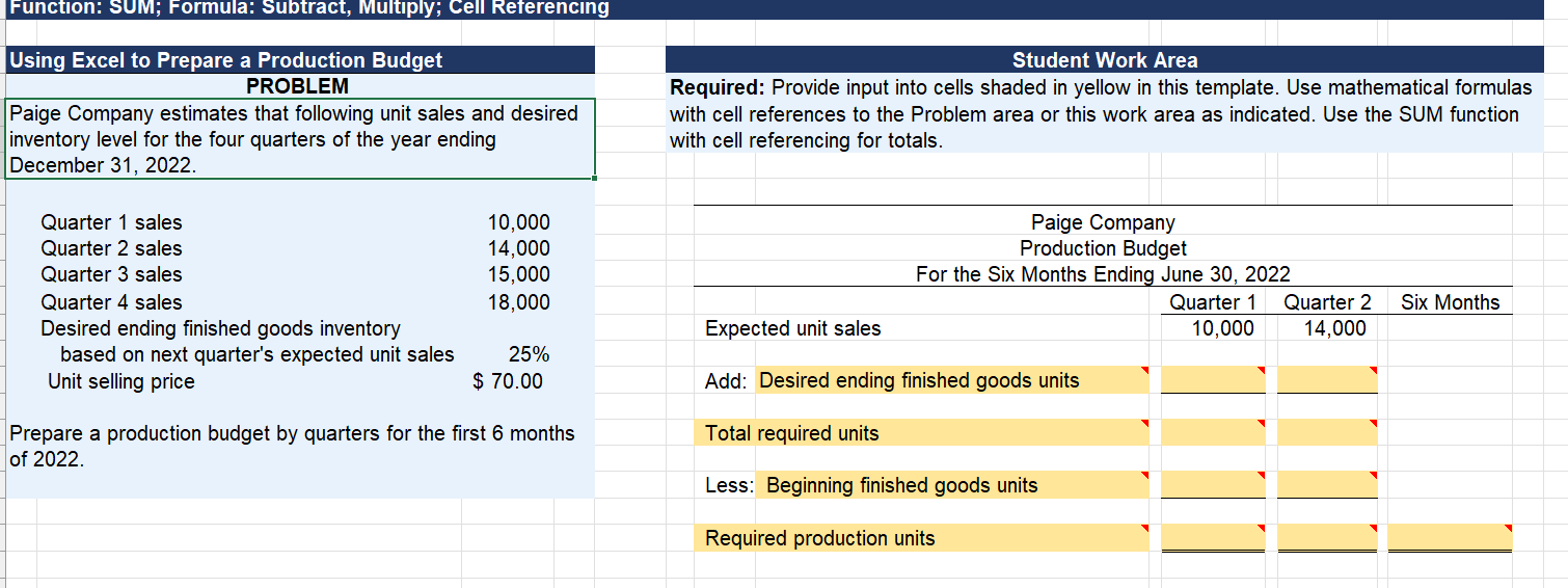 Function: SUM; Formula: Subtract, Multiply; Cell