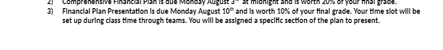 Comprehensive Financial Plan is due Monday August