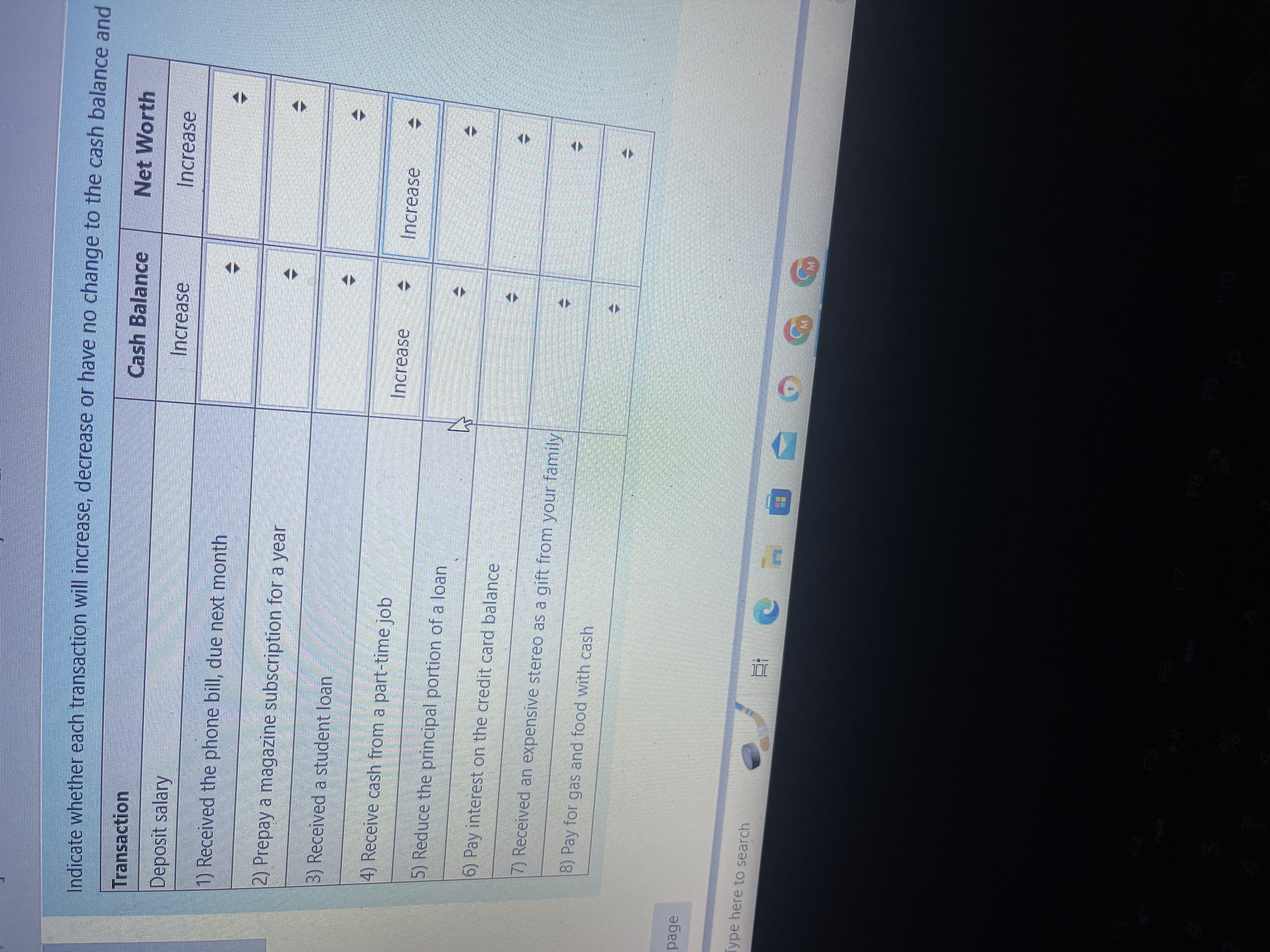 Indicate whether each transaction will increase,