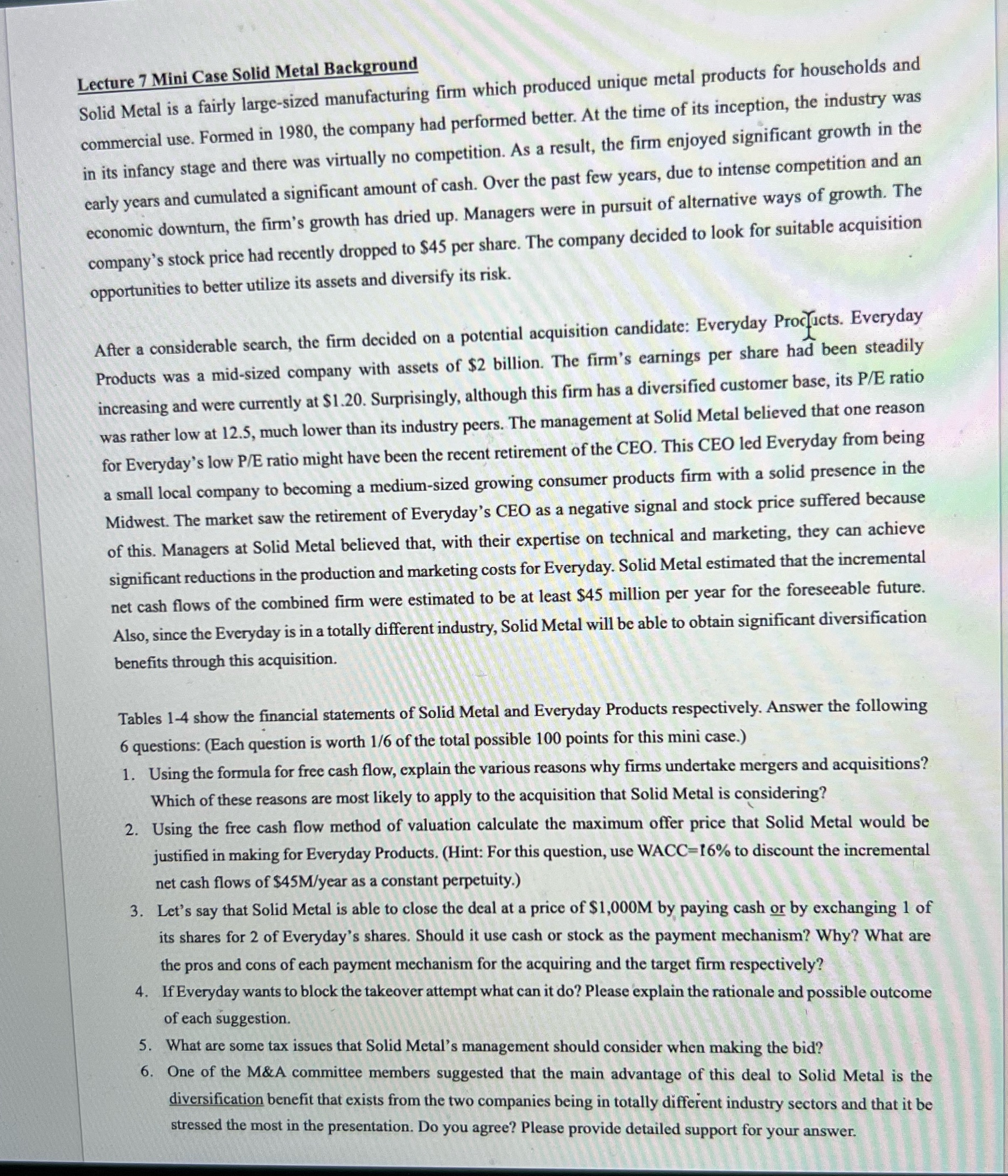 Please show work & formulas. Lecture 7 Mini Case