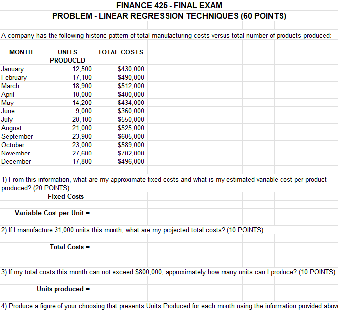 FINANCE 425 - FINAL EXAM PROBLEM - LINEAR