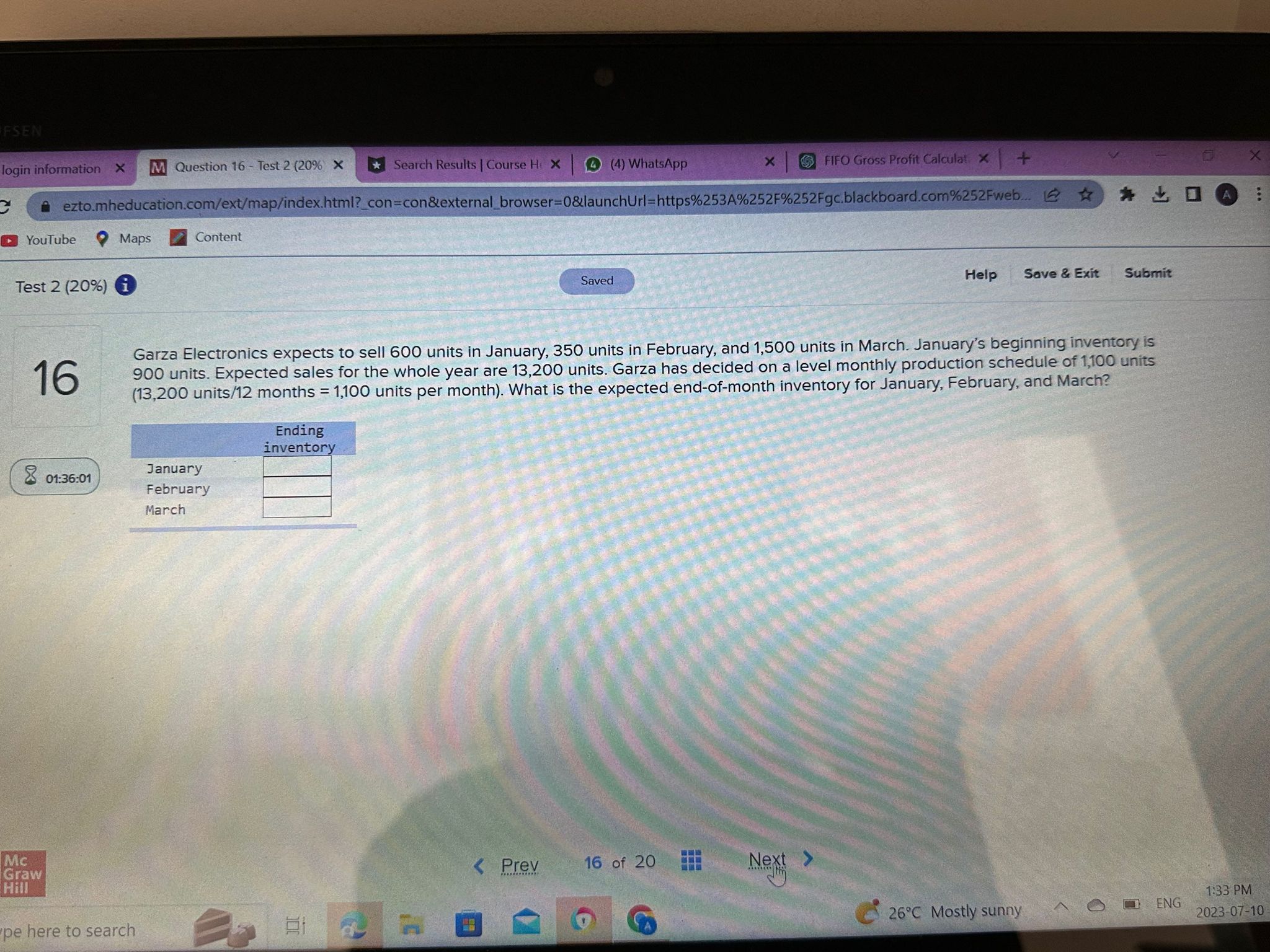 SEN login information X M Question 16 - Test 2