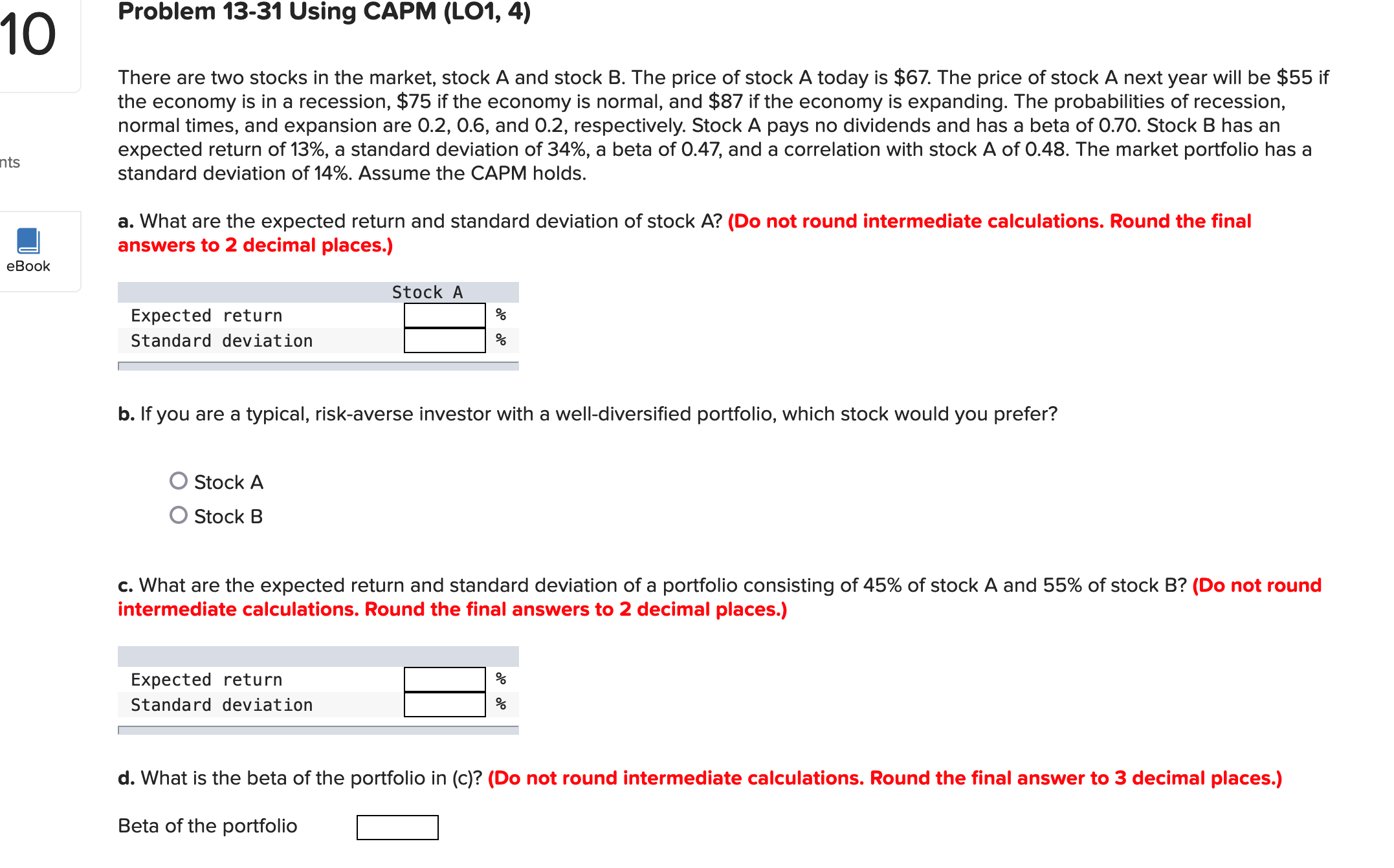 10 MS eBook Problem 13-31 Using CAPM (L01, 4)