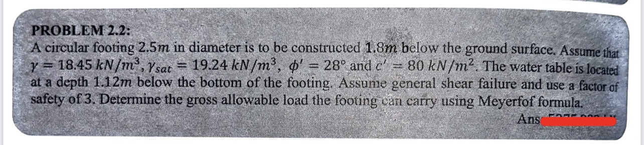 PROBLEM 2 . 2 : A circular footing 2 . 5 m in