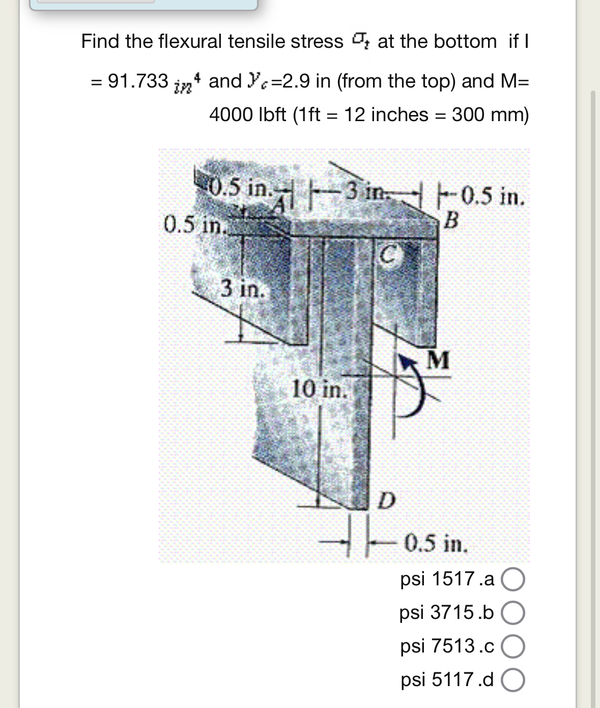 Find the flexural tensile stress t at the bottom