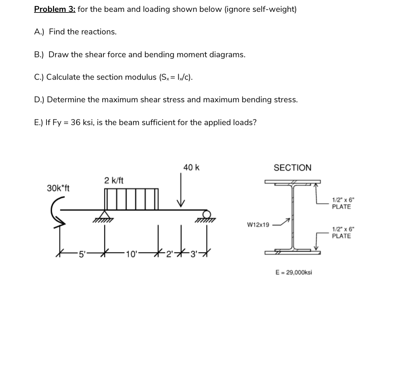 Problem 3 : for the beam and loading shown below