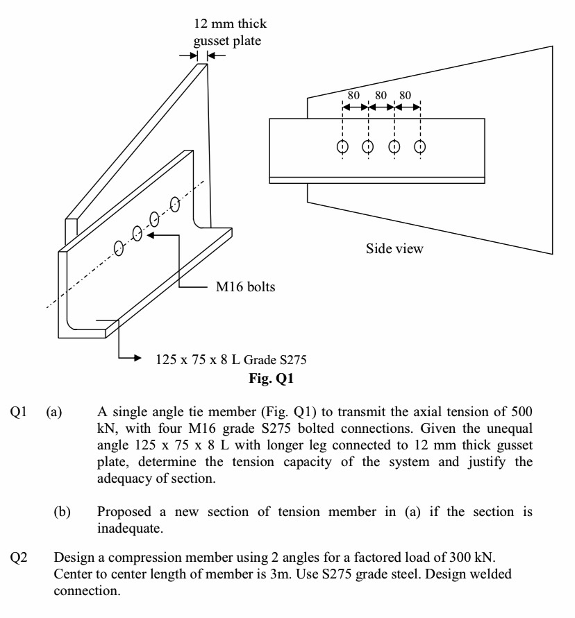 Q 1 ( a ) A single angle tie member ( Fig . Q 1 )