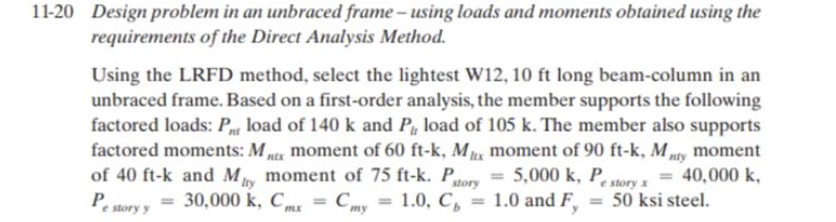 1 1 - 2 0 Design problem in an unbraced frame -