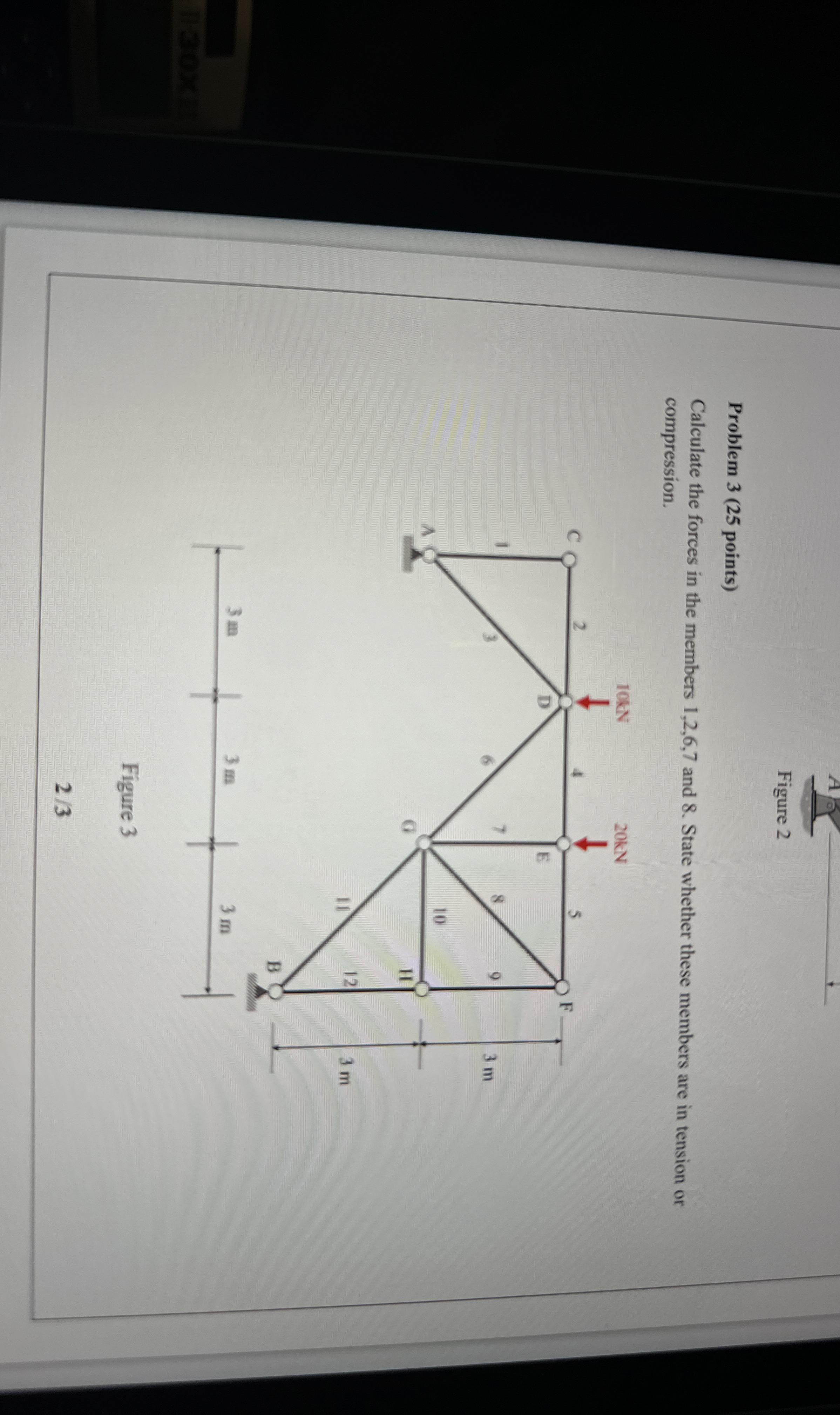 Calculate the forces in the members 1 , 2 , 6 , 7