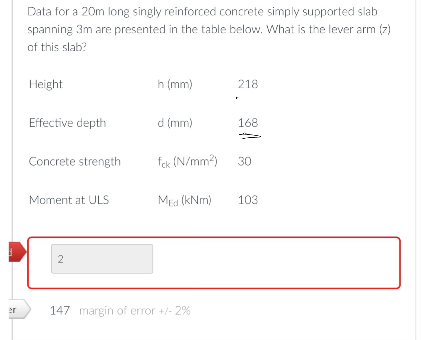 Data for a 2 0 m long singly reinforced concrete