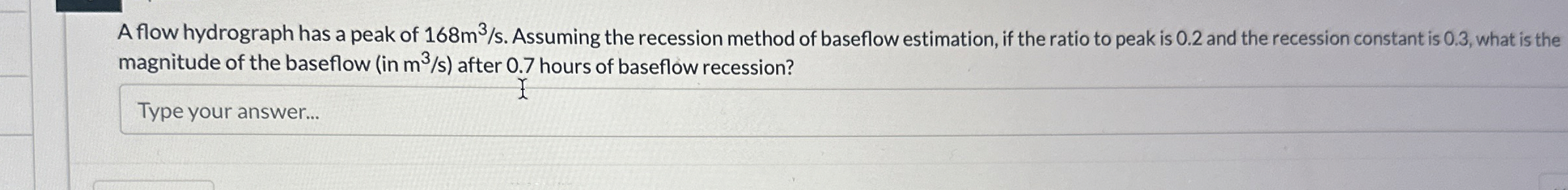 A flow hydrograph has a peak of 1 6 8 m 3 s .