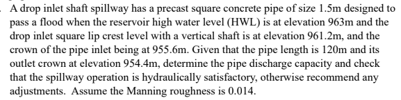 A drop inlet shaft spillway has a precast square