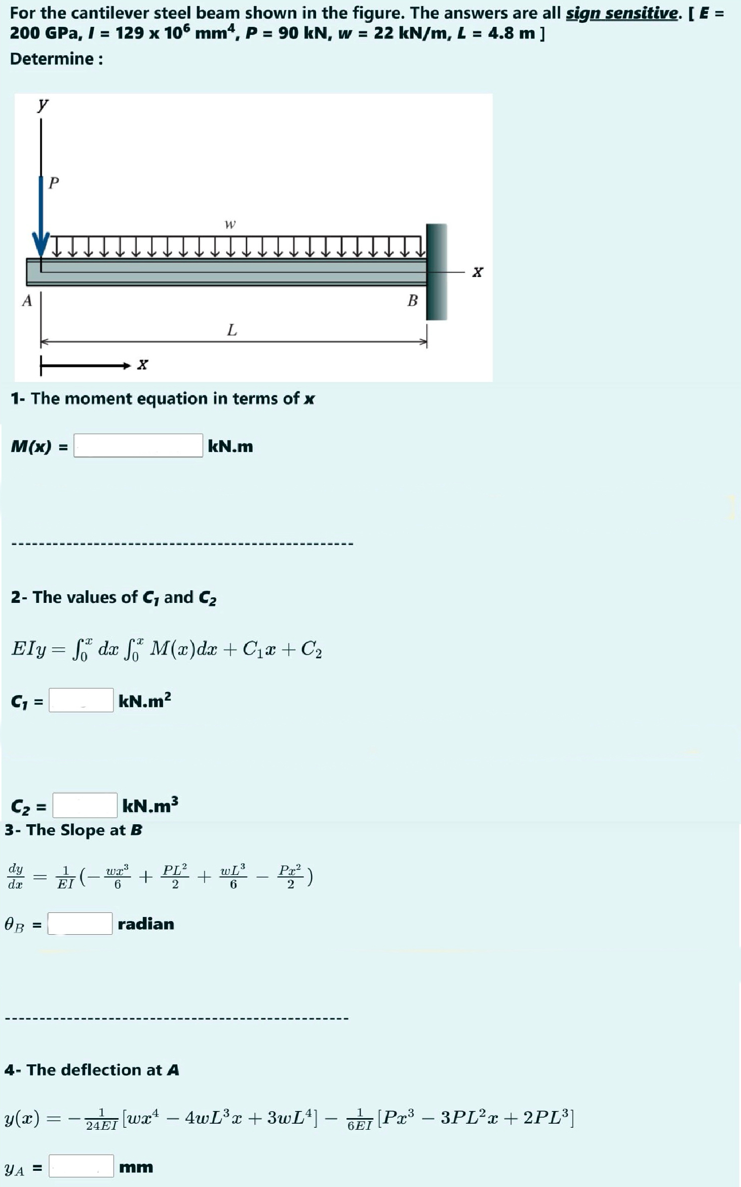 For the cantilever steel beam shown in the