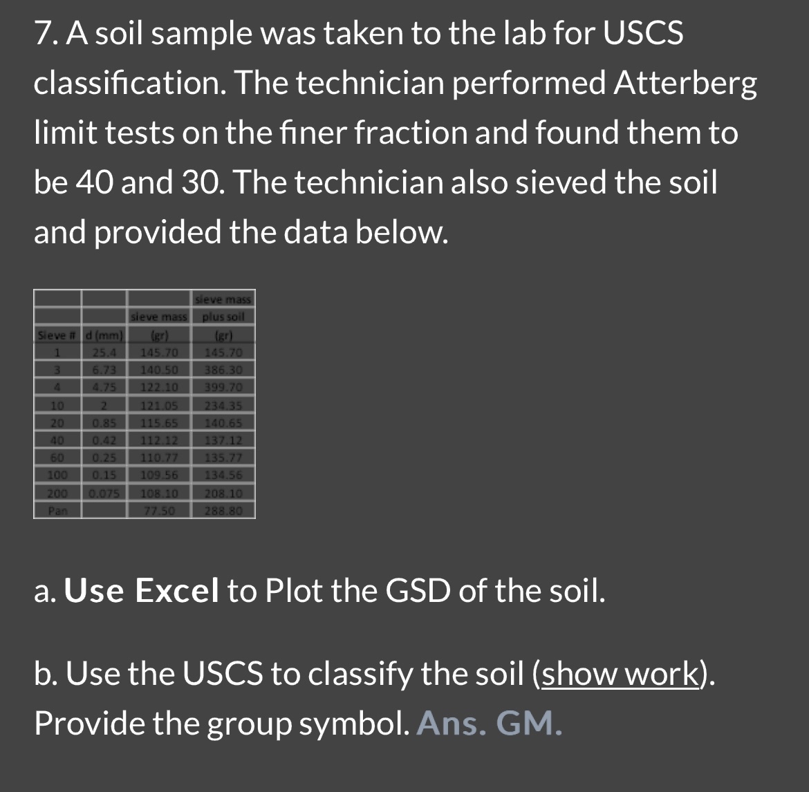 A soil sample was taken to the lab for USCS