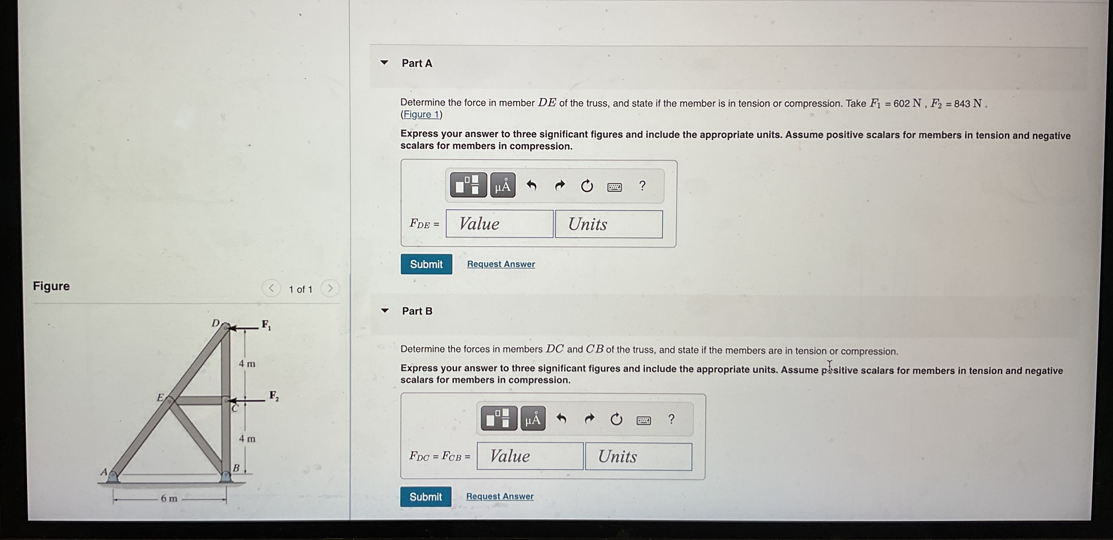 Part A Determine the force in member D E of the