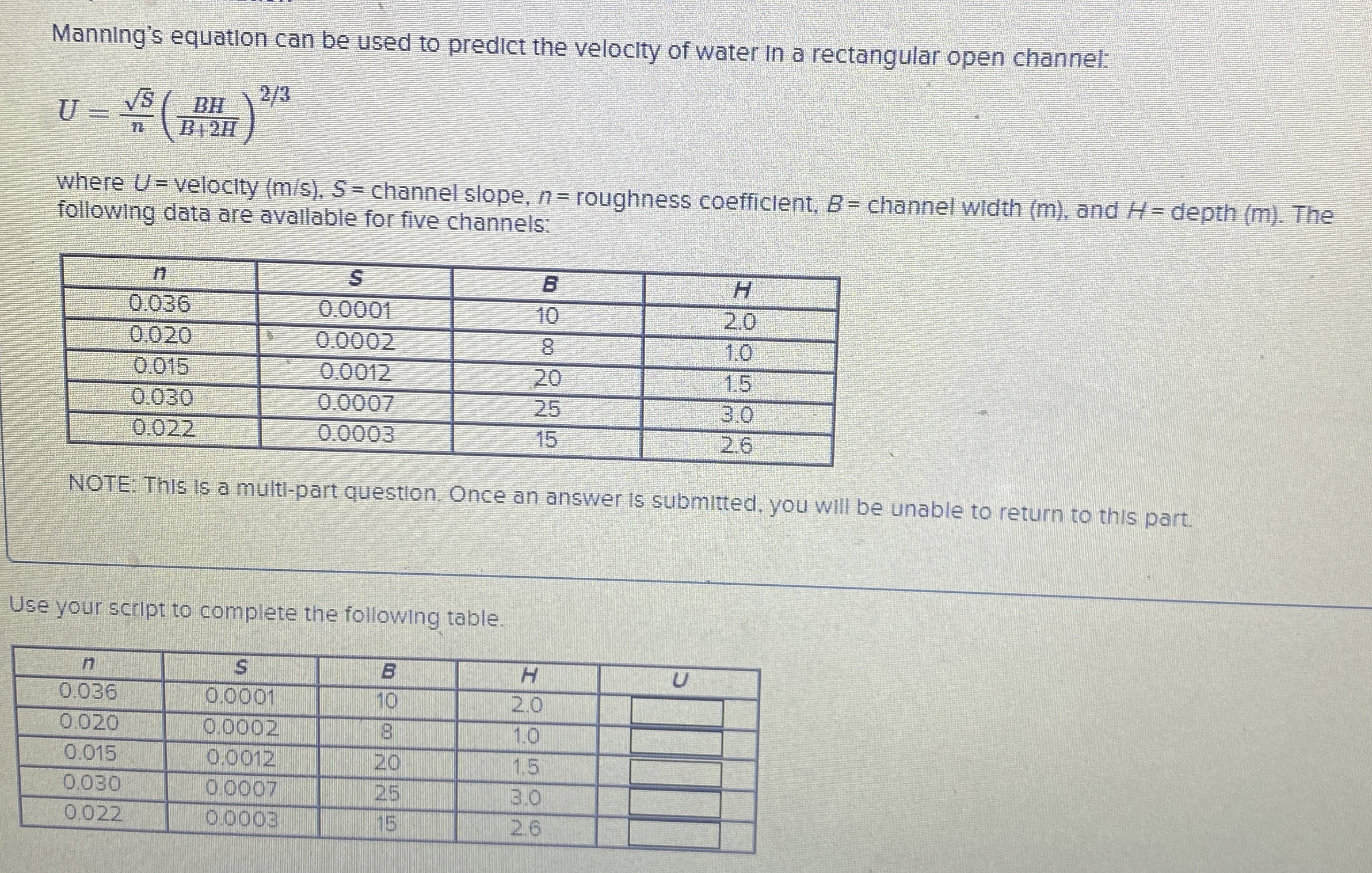 Manning's equation can be used to predict the
