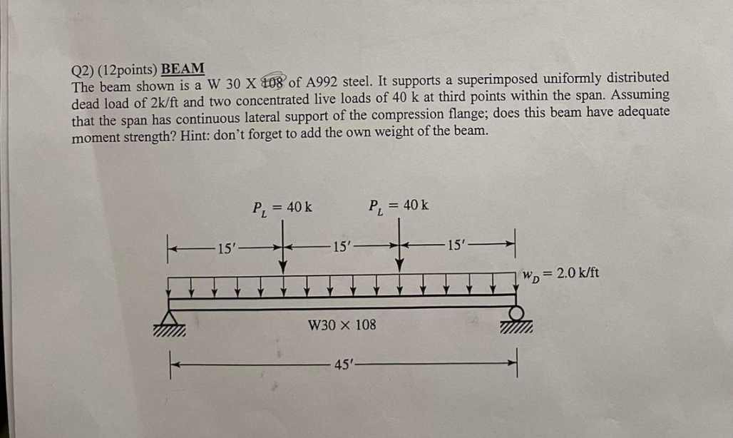 Q 2 ) ( 1 2 points ) BEAM The beam shown is a W 3