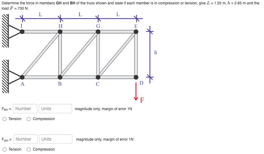 Determine the force in members G H and B H of the
