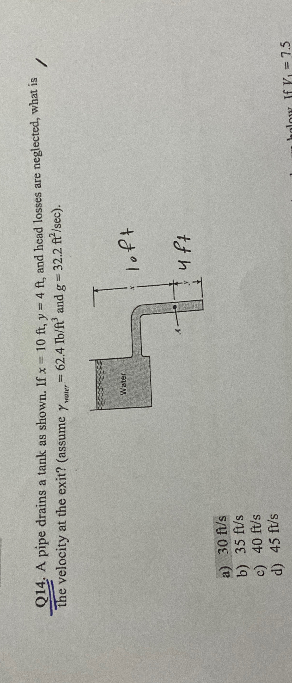 Q 1 4 . A pipe drains a tank as shown. If x = 1 0