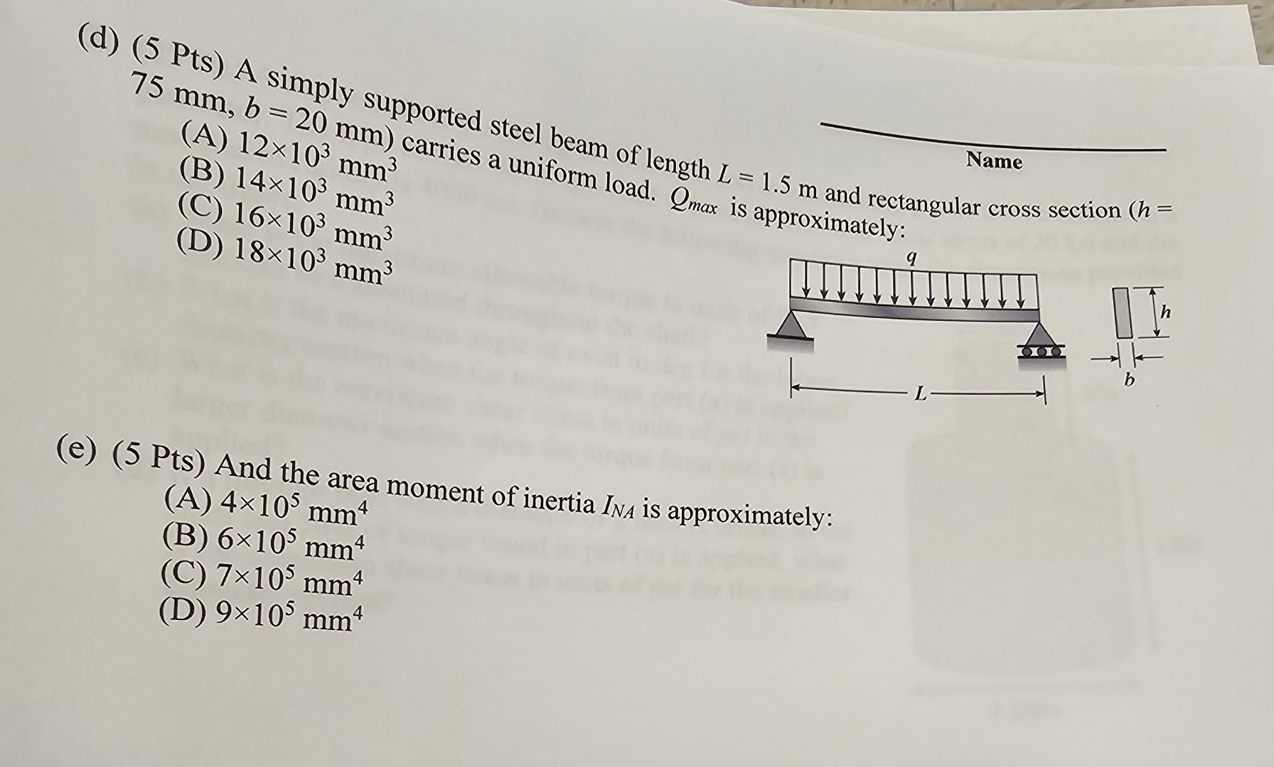 7 5 m m , b = 2 0 m m ) carries a uniform load. Q