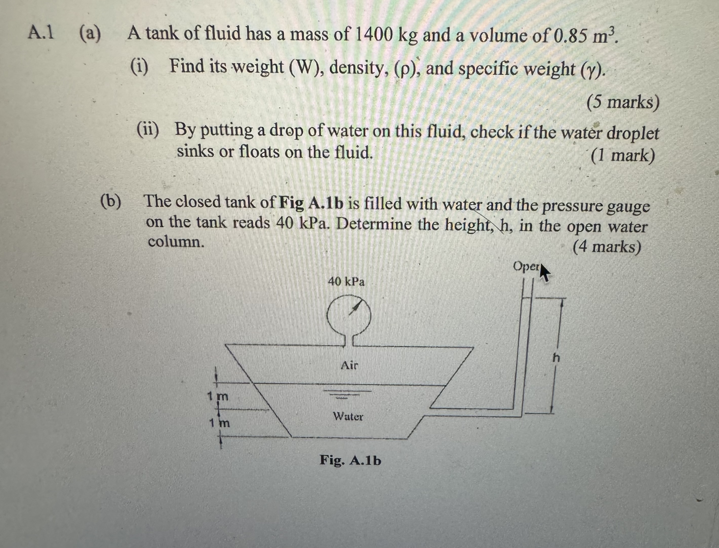 A . 1 ( a ) A tank of fluid has a mass of 1 4 0 0
