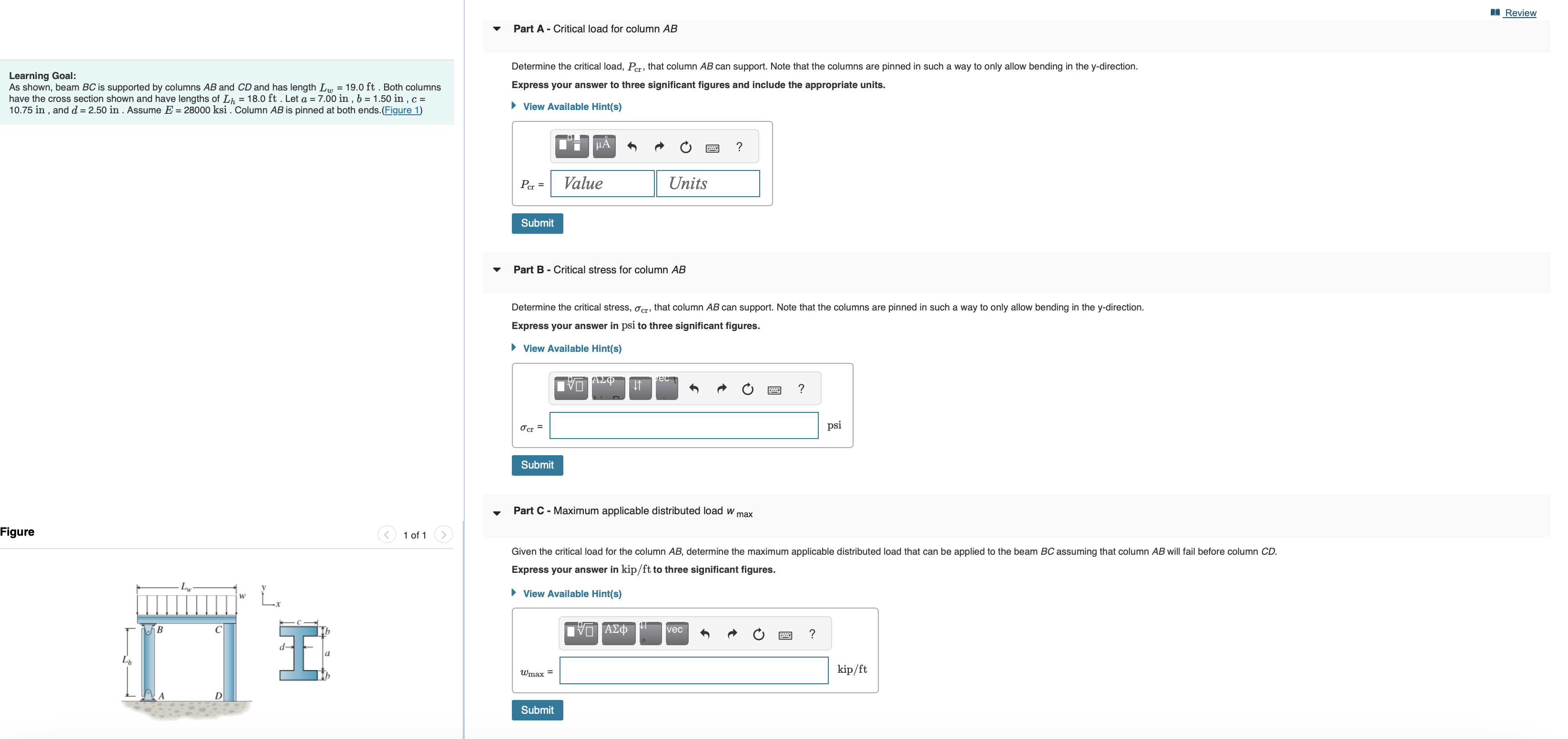 Part A - Critical load for column A B Learning