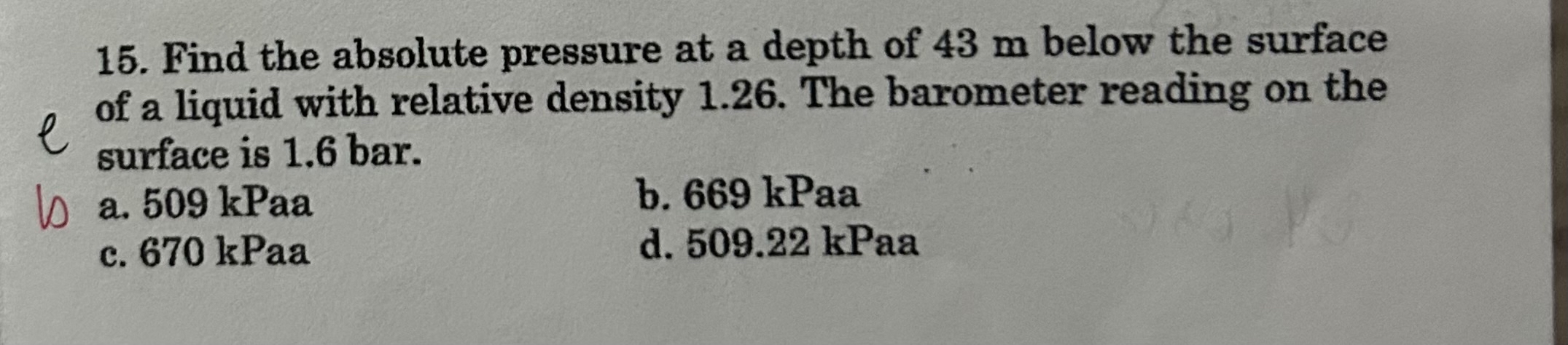Find the absolute pressure at a depth of 4 3 m