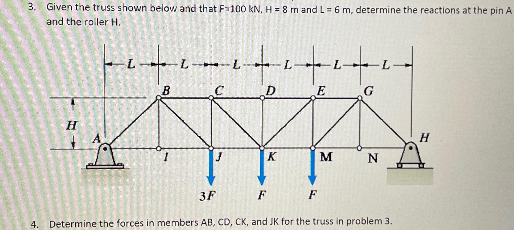 Given the truss shown below and that F = 1 0 0 k
